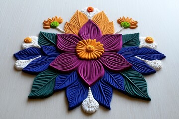 Fototapeta premium Vibrant rangoli pattern on the floor, created with colored powders and flowers, symbolizing the artistic traditions of Deepavali