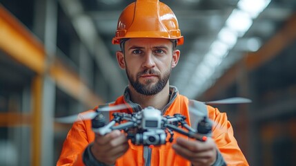 Man holding a drone in a warehouse with safety gear