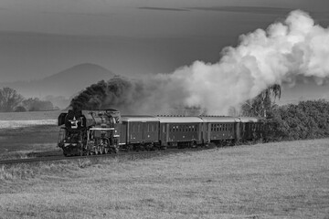 Czech steam locomotive driving through the countryside