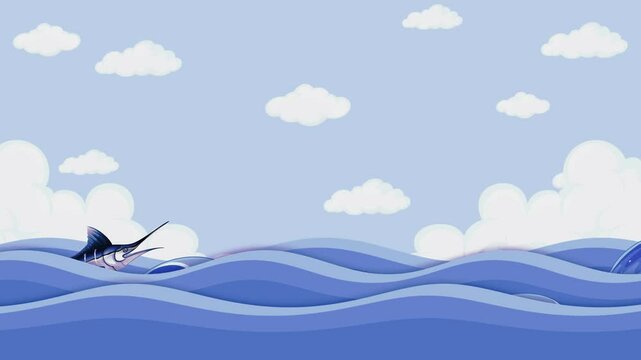 marlin fish on ocean waves, background loop animation