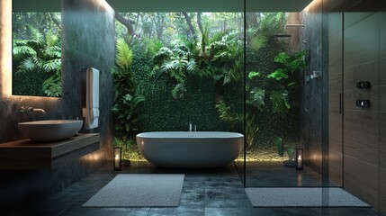 Fototapeta premium A bathroom with a large bathtub and a small sink