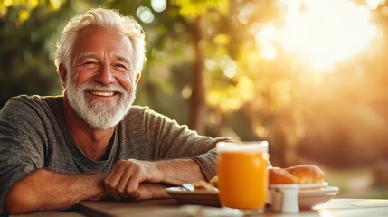An elderly man smiles warmly while enjoying his breakfast outdoors, bathed in sunlight, capturing the essence of joy, contentment, and the simple pleasures of life.