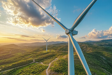 Wind turbines atop rolling hills during a vibrant sunset