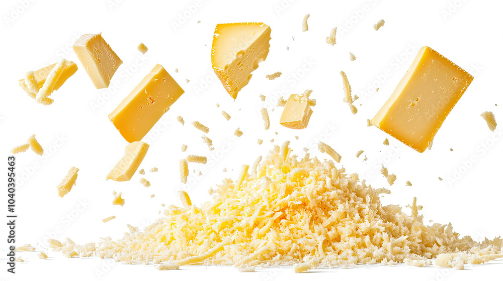 Poster falling grated cheese pieces creating a visually appealing arrangement generative ai