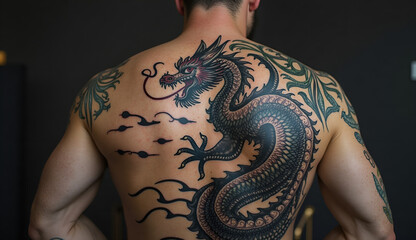 Man showcasing a large dragon tattoo on his back, displaying strength and artistry against a dark background