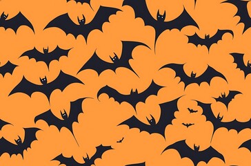 Orange background black bat silhouettes flying in the sky