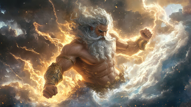 Epic gods vs titans battle zeus wields thunderbolts poseidon summons waves. Thunder God. Illustration
