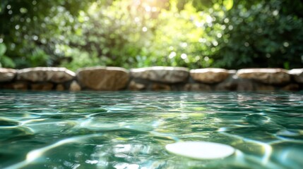 This serene photo captures a close-up of a water surface with light reflections and lush green foliage in the background suggesting peace and tranquility.