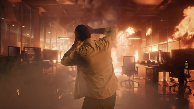 Man Terrified in Burning Office Fire Panic Workplace Disaster Danger Survival