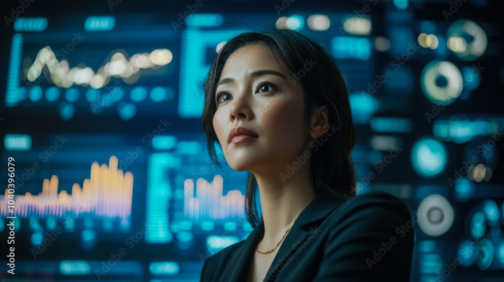 Poster the analyst observes data trends in a high-tech control room during a late-night analysis session