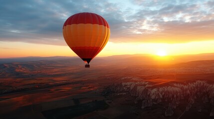 Obraz premium A vibrant hot air balloon ascends gracefully at sunrise above a scenic landscape, evoking a sense of adventure and wonder against a backdrop of golden hues.