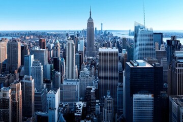 Fototapeta premium Watercolor painting of a modern city skyline, with soft blues and grays, symbolizing the serenity and clarity of a society built on reason and progress