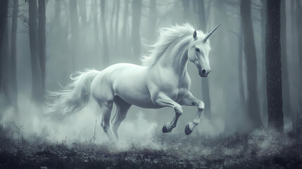 Ethereal white unicorn galloping through misty enchanted forest moonlit mane flowing magical aura surrounding soft pastel colors dreamy atmosphere. Unicorn in the Woods. Illustration