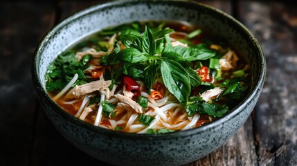 A rustic-style bowl filled with rich, flavorful noodle soup, topped with fresh herbs and tender chicken, showcasing a vibrant, aromatic culinary creation.
