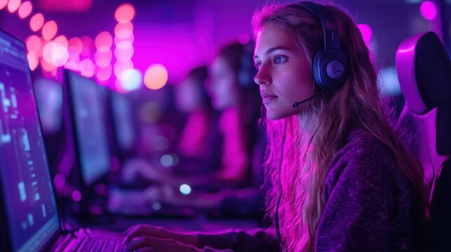 Young woman in a gaming room, wearing a headset and focused on the game.