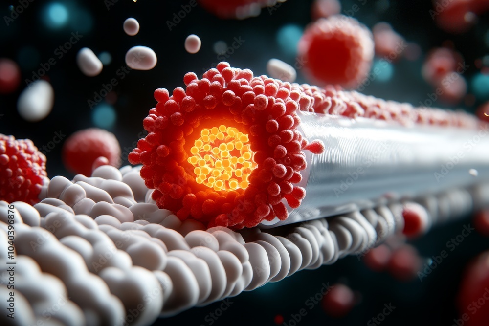 Poster zoomed-in image of potassium ion channels, embedded in the lipid bilayer of the cell membrane, with 
