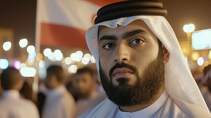 Man wearing traditional attire with a serious expression in a festive setting