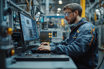 Engineer working on computer in a manufacturing facility during day