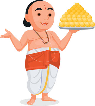 Indian man brahmin chef in traditional clothing, Indian pandit is holding a sweets plate in his hands. 