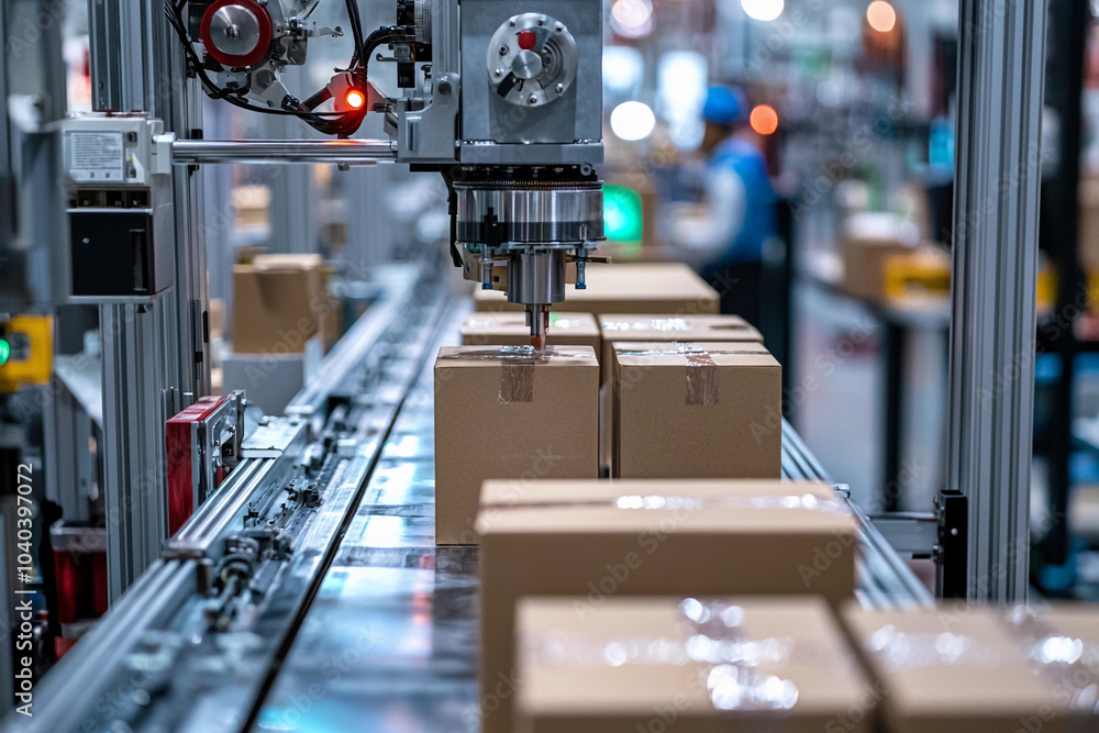 Poster automated machinery packing boxes in a busy warehouse setting