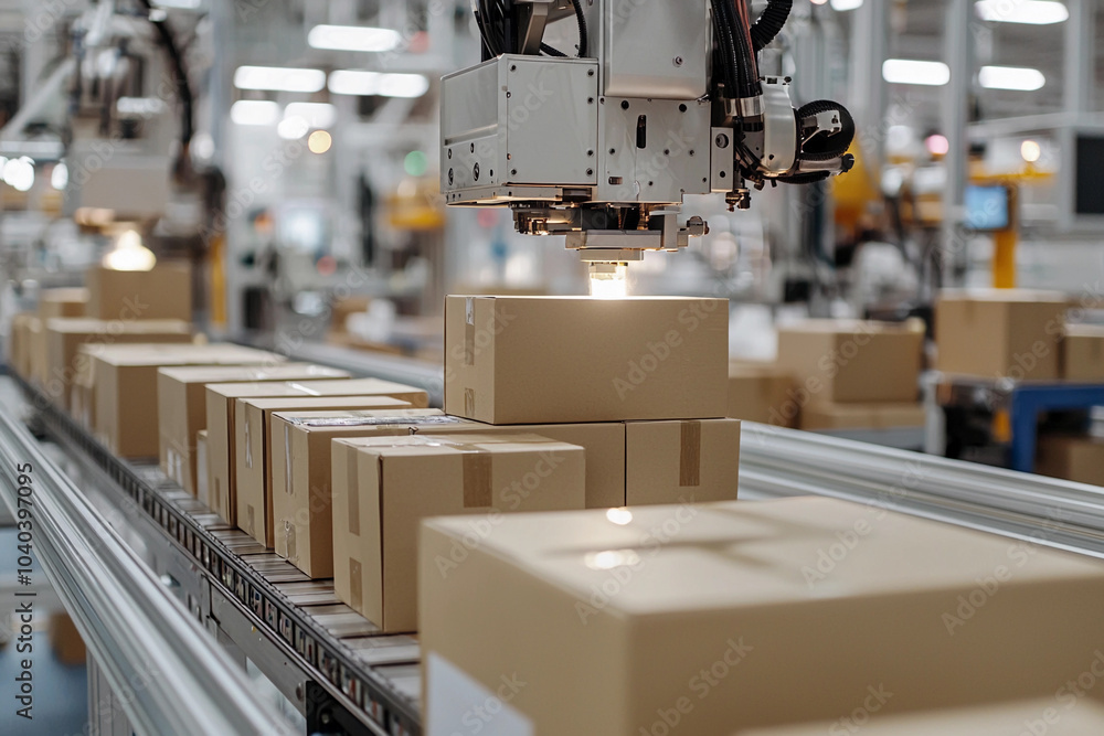 Aufkleber automated robotic arm sorting cardboard boxes in a warehouse