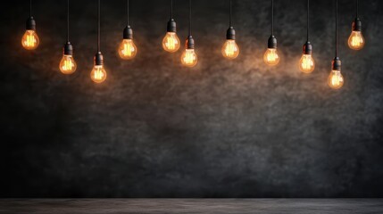 A collection of hanging filament bulbs against a dark background, casting a warm and inviting glow, creating a cozy and moody ambiance perfect for any setting.