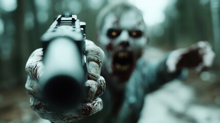 A menacing zombie lunges forward with a weapon in hand, set against a bleak forest backdrop, embodying the terror and chaos of an apocalyptic scenario.