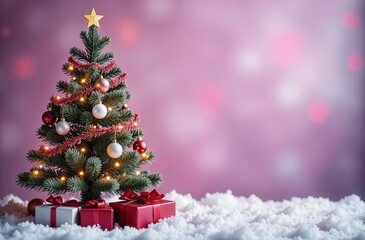Decorative Christmas Tree with Bright and Colourful Ornaments on Purple Background for Festive and Joyful New Year Celebration. Space for text or design