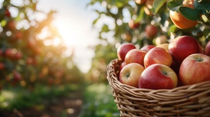 A wicker basket filled with apples sitting amidst a sunlit orchard, capturing the essence of nature’s bounty and autumn harvest in a picturesque setting.