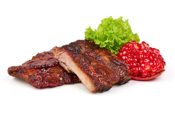 Grilled pork ribs in barbecue sauce, isolated on white background.
