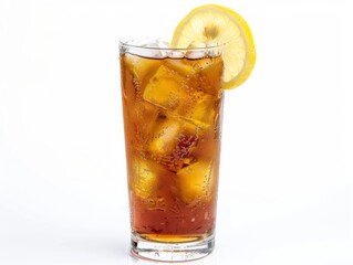 A long island iced tea in a tall glass with a lemon wedge on a white background