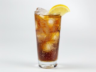 A long island iced tea in a tall glass with a lemon wedge on a white background