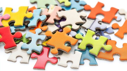 Obraz premium Colorful jigsaw puzzle pieces scattered on a white surface