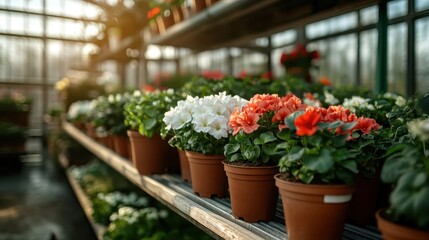 This image captures a well-organized greenhouse with rows of vibrant red and white flowering plants, each thriving in a warm enclosure filled with natural light.