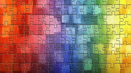 Colorful puzzle pieces arranged in a vibrant spectrum of hues