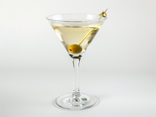 A martini glass filled with a classic martini and an olive on a white background