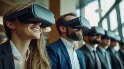 People engaged in virtual reality experience wearing headsets at a modern workspace during a collaborative session
