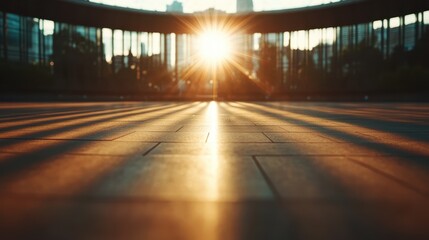 A striking sunset view with long architectural shadows cast on the ground, highlighting a tranquil and dramatic interaction between nature and urban elements.