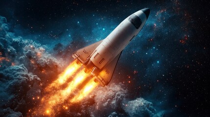 Obraz premium A rocket launching into space with fiery propulsion and starry background