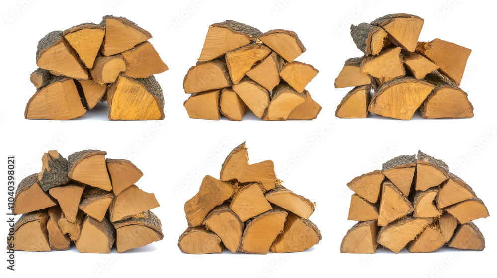 Poster collection of neatly stacked firewood on a transparent background generative ai
