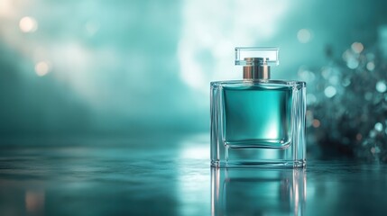 An elegant perfume bottle with an aqua hue standing on a reflective surface, radiating sophistication and luxury through its minimalist design in a surreal setting.