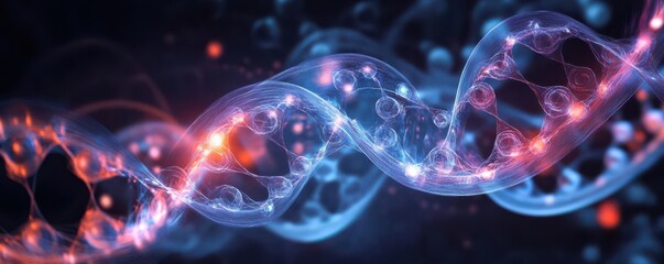 Obraz premium Abstract illustration of a DNA molecule transmitting signals through molecular waves, representing communication at the atomic level