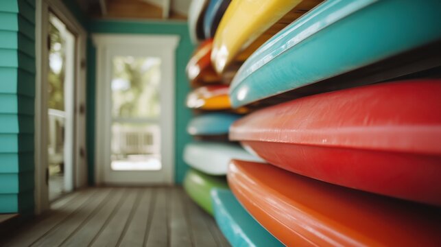 A vibrant collection of colorful kayaks neatly stacked against a wall in a bright and inviting outdoor setting, suggesting adventure and activity. - Powered by Adobe