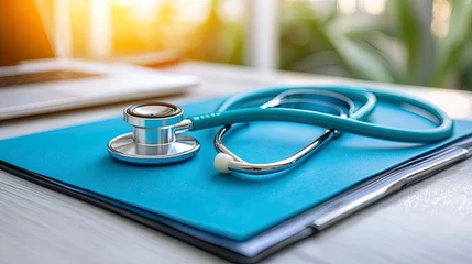Stethoscope on a blue folder with laptop in the background © Nastya