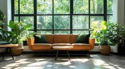 A cozy living room featuring a comfortable brown sofa and a large sunny window surrounded by lush green plants that emit a tranquil and homely vibe.