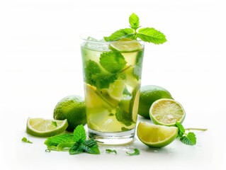 Fototapeta premium A planters punch in a tiki glass with a cherry and mint sprig on a white background