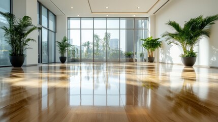 Obraz premium A bright and spacious modern room with polished wooden floors, large floor-to-ceiling windows, and several potted plants that create a serene atmosphere.