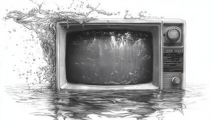 Underwater Sketch Engraving Vector Illustration of a TV with Red Eyes