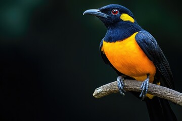 Obraz premium Tropical bird with a bright yellow chest and black wings, perched on a branch, sharp contrast with a solid black background, glowing under soft