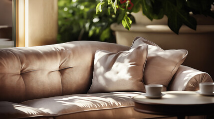 Elegant Sofa and Cushions in a Sunlit Living Space